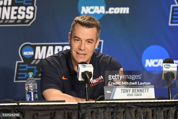 Head coach Tony Bennett of the Virginia Cavaliers addresses the media during media day of the Men's NCAA Basketball Tournament - Charlotte - Practice...