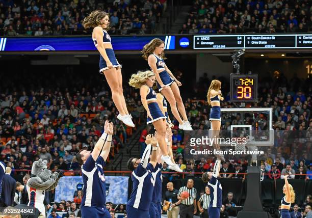 Gonzaga Bulldogs cheerleaders during the NCAA Division I Men's Championship First Round basketball game between the UNC Greensboro Spartans and...