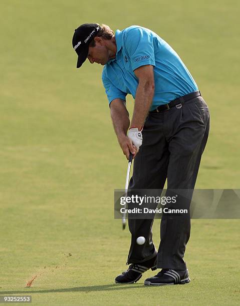 Retief Goosen of South Africa plays his second shot on the 12th hole during the second round of the Dubai World Championship, on the Earth Course,...