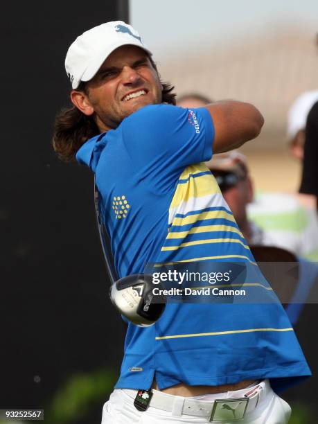 Johan Edfors of Sweden plays his tee shot on the 14th hole during the second round of the Dubai World Championship, on the Earth Course, Jumeirah...