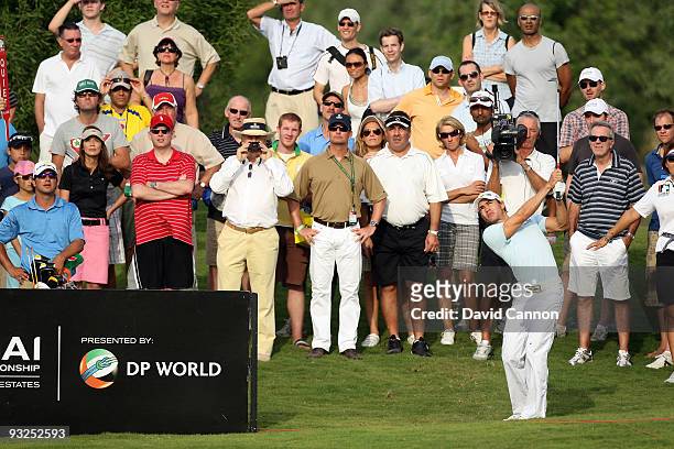 Camilo Villegas of Colombia plays his third shot on the 14th hole during the second round of the Dubai World Championship, on the Earth Course,...
