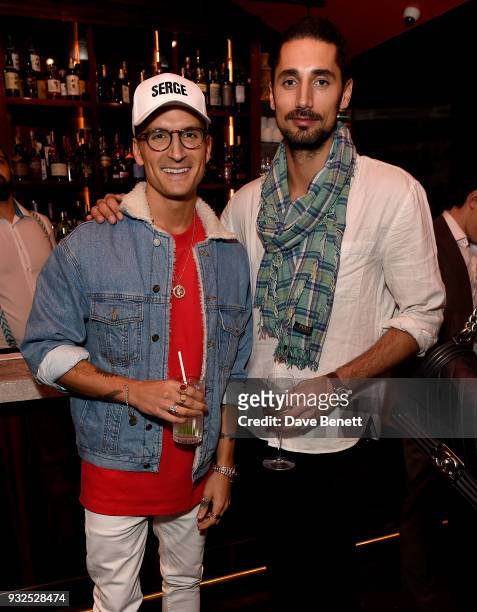 Oliver Proudlock and Hugo Taylor attend the opening party for Knightbridge's newest dining offering, OSH Restaurant on March 15, 2018 in London,...