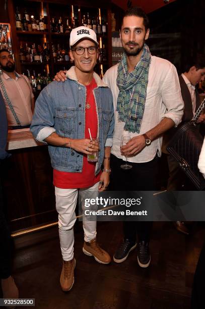 Oliver Proudlock and Hugo Taylor attend the opening party for Knightbridge's newest dining offering, OSH Restaurant on March 15, 2018 in London,...