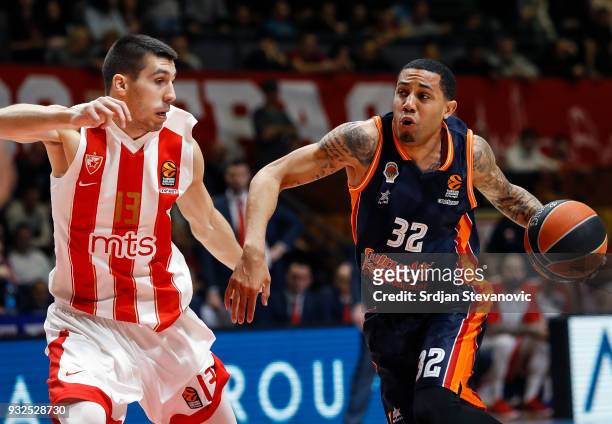 Erick Green of Valencia in action against Ognjen Dobric of Crvena Zvezda during the 2017/2018 Turkish Airlines EuroLeague Regular Season game between...