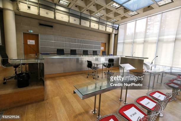 General view of the courtroom in Nanterre on March 15 where the two older children of iconic French musician Johnny Hallyday are scheduled to claim...