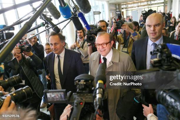 Lawyers for Laura Smet Pierre-Olivier Sur, Herve Temime and Emmanuel Ravanas arrive at a courtroom in Nanterre on March 15 where the two older...