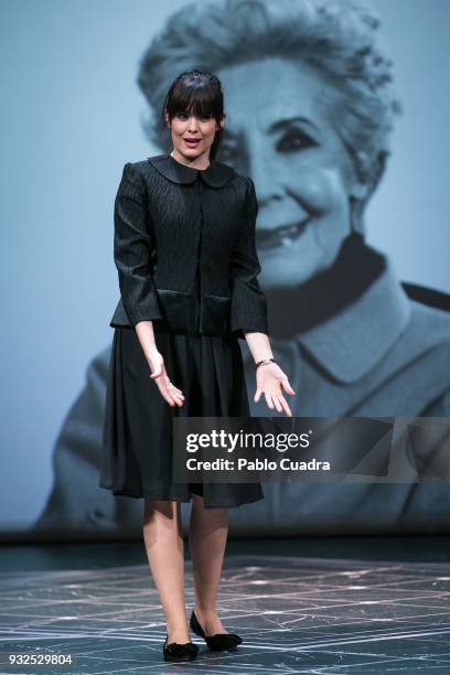 Actress Cristina Abad performs on stage during the 'El Funeral' at 'Teatro Calderon' on March 15, 2018 in Valladolid, Spain.
