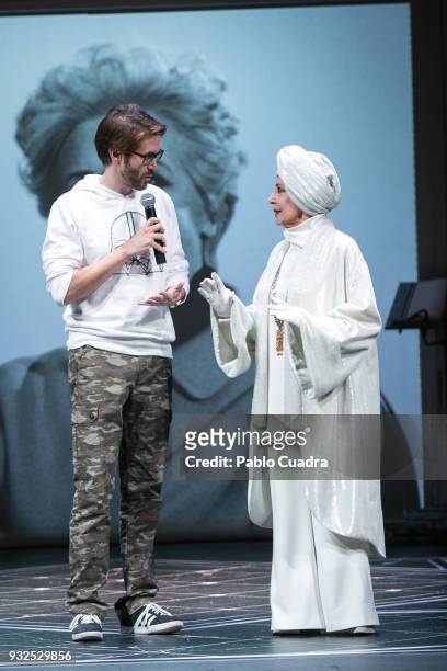 Manuel Velasco and his mother Concha Velasco perform on stage during the 'El Funeral' at 'Teatro Calderon' on March 15, 2018 in Valladolid, Spain.