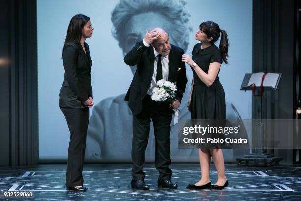 Cristina Abad , Antonio Resines and Clara Alvarado perform on stage during the 'El Funeral' at 'Teatro Calderon' on March 15, 2018 in Valladolid,...