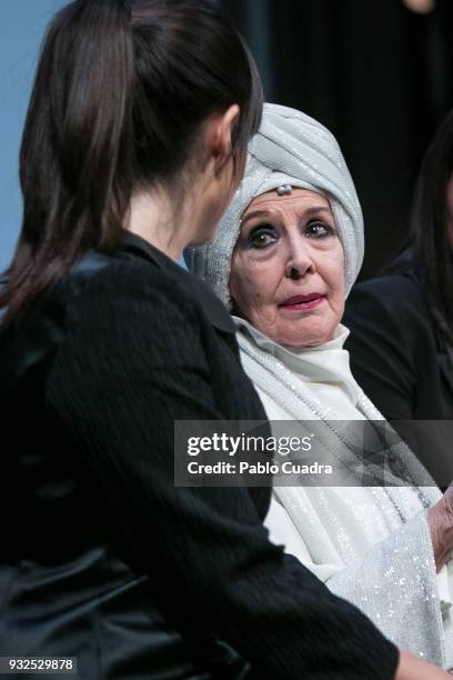 Actresses Cristina Abad and Concha Velasco perform on stage during the 'El Funeral' at 'Teatro Calderon' on March 15, 2018 in Valladolid, Spain.