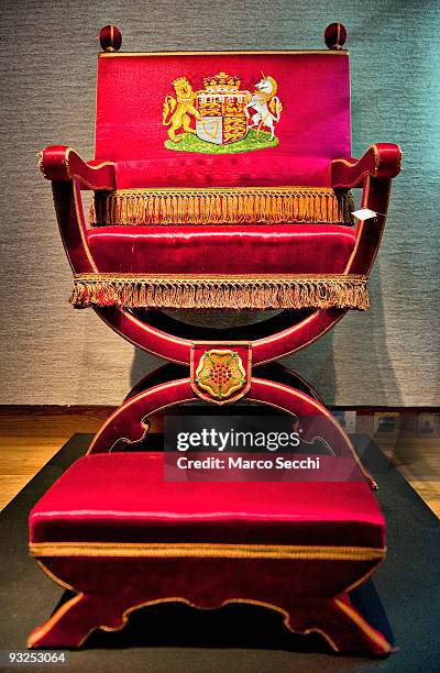 Chair used for the Coronation of King George VI, which is expected to fetch up to £30 is pictured before being auctioned today at Christie's on...