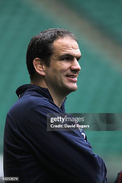 Martin Johnson the England head coach watches his team during the England training session held at Twickenham Stadium on November 20, 2009 in...