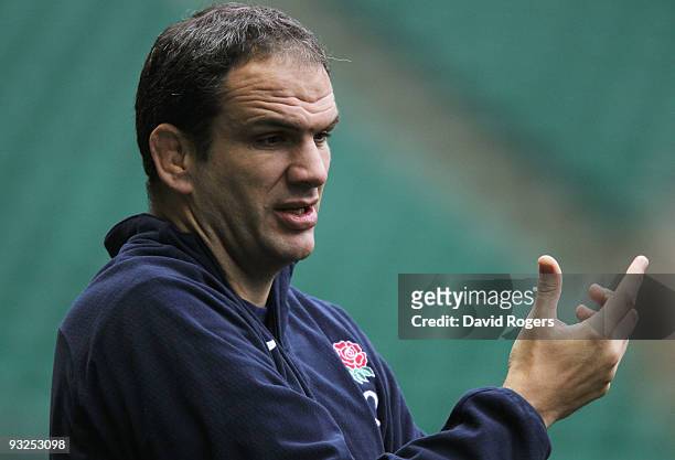 Martin Johnson the England head coach watches his team during the England training session held at Twickenham Stadium on November 20, 2009 in...
