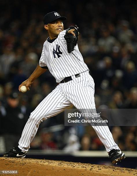 Mariano Rivera of the New York Yankees pitches against the Philadelphia Phillies in Game Two of the 2009 MLB World Series at Yankee Stadium on...