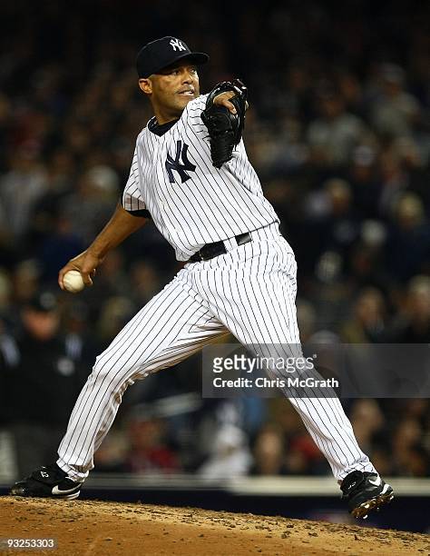 Mariano Rivera of the New York Yankees pitches against the Philadelphia Phillies in Game Two of the 2009 MLB World Series at Yankee Stadium on...