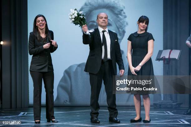 Cristina Abad , Antonio Resines and Clara Alvarado perform on stage during the 'El Funeral' at 'Teatro Calderon' on March 15, 2018 in Valladolid,...