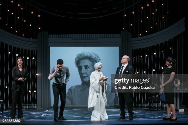 Clara Alvarado, Emmanuel Medina, Concha Velasco, Antonio Resines and Cristina Abad perform on stage during the 'El Funeral' at 'Teatro Calderon' on...