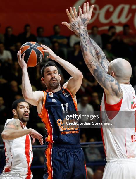 Rafa Martinez of Valencia in action against Pero Antic and James Feldeine of Crvena Zvezda during the 2017/2018 Turkish Airlines EuroLeague Regular...