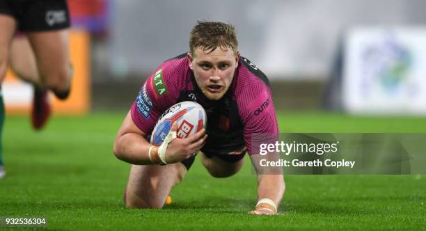 James Greenwood of hull KR scores a second half try during the Betfred Super League match between Huddersfield Giants and Hull Kingston Rovers at...