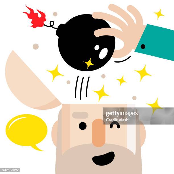 hand, entfernen die bombe in senior open männerkopf (take away den schmerz, stress) - wow stock-grafiken, -clipart, -cartoons und -symbole