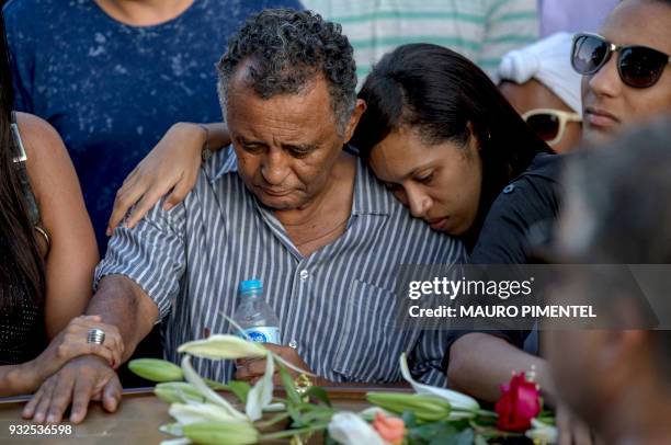 Relatives of Brazilian councilwoman and activist Marielle Franco pay tribute during her funeral at Caju Cemetery in Rio de Janeiro, Brazil on March...