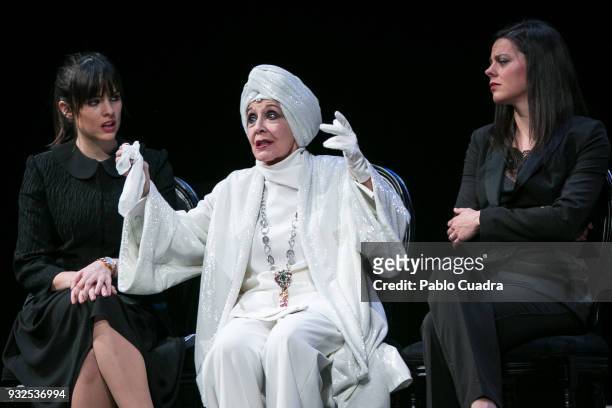 Actresses Cristina Abad, Concha Velasco and Clara Alvarado perform on stage during the 'El Funeral' at 'Teatro Calderon' on March 15, 2018 in...