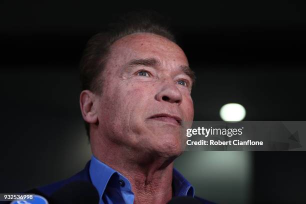 Arnold Schwarzenegger speaks during a press conference at The Melbourne Convention and Exhibition Centre on March 16, 2018 in Melbourne, Australia.