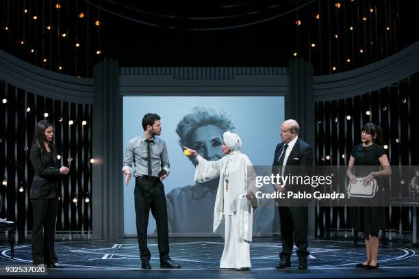 Clara Alvarado, Emmanuel Medina, Concha Velasco, Antonio Resines and Cristina Abad perform on stage during the 'El Funeral' at 'Teatro Calderon' on...