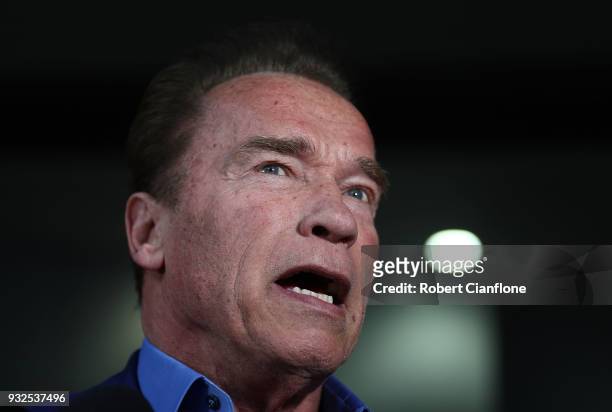 Arnold Schwarzenegger speaks during a press conference at The Melbourne Convention and Exhibition Centre on March 16, 2018 in Melbourne, Australia.