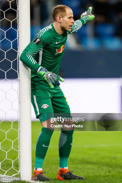 Peter Gulacsi of RB Leipzig gestures during the UEFA Europa League Round of 16 second leg match between FC Zenit St. Petersburg and RB Leipzig at...