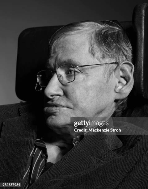 Theoretical physicist and author Stephen Hawking poses for a portrait session for Discover Magazine.