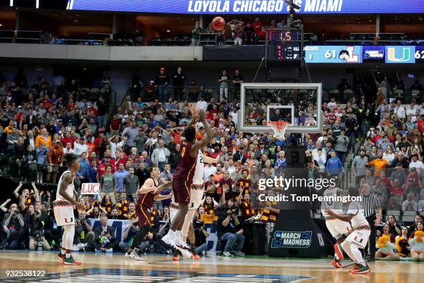 Donte Ingram of the Loyola Ramblers shoots the game-winning three pointer against the Miami Hurricanes in the first round of the 2018 NCAA Men's...