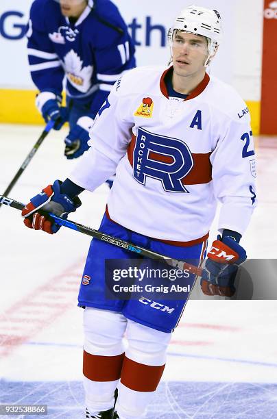 Adam Cracknell of the Laval Rocket skates in warmup prior to a game against the Toronto Marlies during AHL game action on March 12, 2018 at Air...