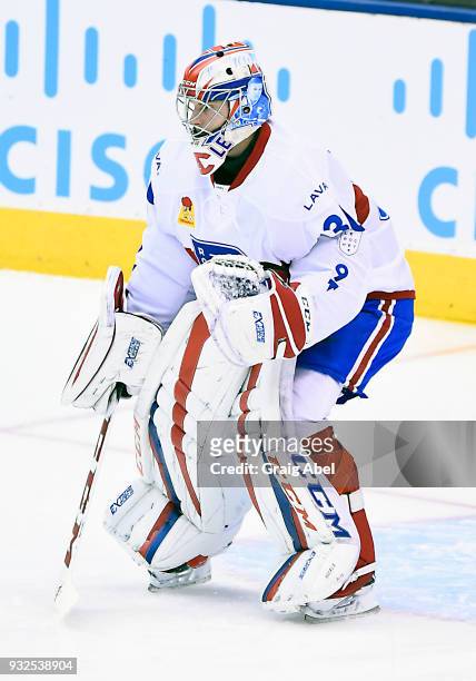 Zachary Fucale of the Laval Rocket skates in warmup prior to a game against the Toronto Marlies during AHL game action on March 12, 2018 at Air...
