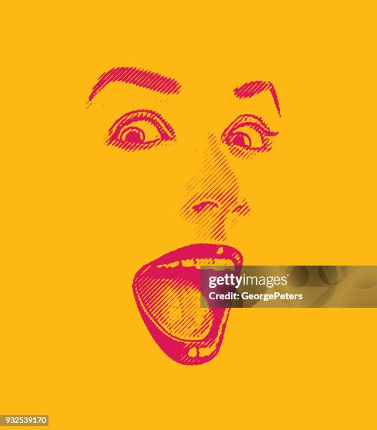 ilustrações de stock, clip art, desenhos animados e ícones de high key engraving of woman's eyes and lips, with happy, surprised expression - mulher sorrindo