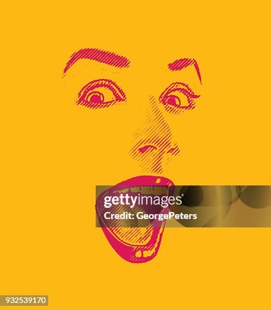 High key Engraving of Woman's eyes and lips, with happy, surprised expression High key Engraving of Woman's eyes and lips, with happy, surprised expression