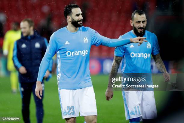 Adil Rami of Olympique Marseille, Kostas Mitroglou of Olympique Marseille celebrates the victory during the UEFA Europa League match between Athletic...