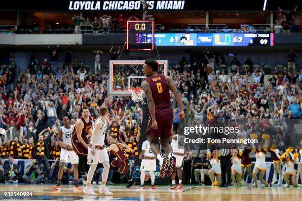 Donte Ingram of the Loyola Ramblers celebrates after his game-winning three pointer against the Miami Hurricanes in the first round of the 2018 NCAA...