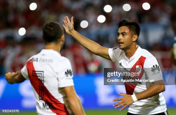 Gonzalo Martinez of River Plate celebrates with teammate Rodrigo Mora after scoring the first goal of his team during the Supercopa Argentina 2018...