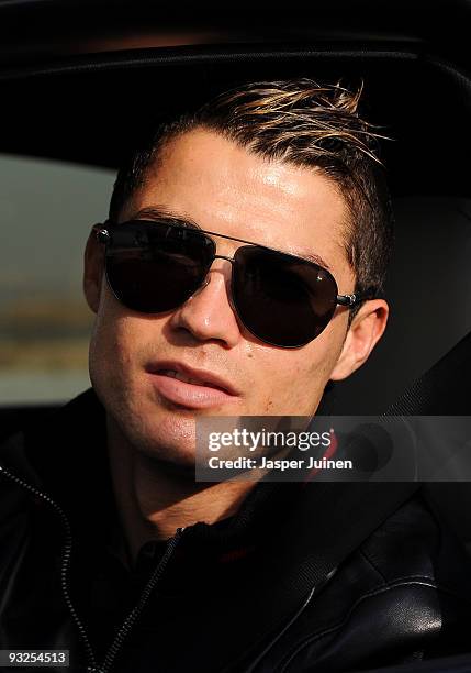 Cristiano Ronaldo of Real madrid leaves the Valdebebas training ground on November 20, 2009 in Madrid, Spain. Ronaldo resumed training today with the...