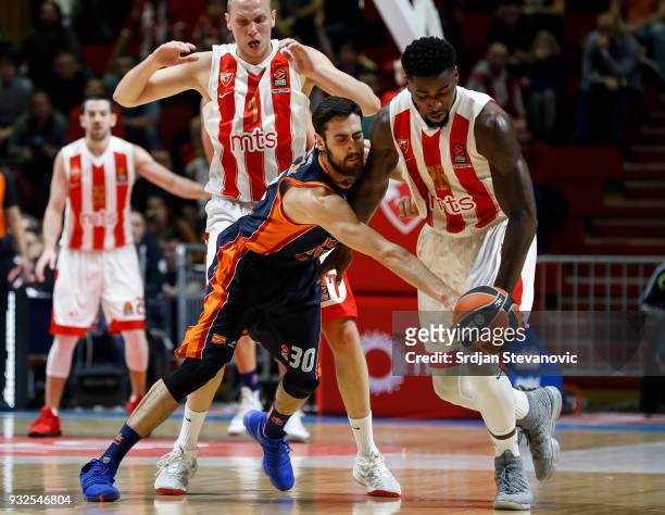 Joan Sastre of Valencia competes for the ball against Mathias Lessort of Crvena Zvezda during the 2017/2018 Turkish Airlines EuroLeague Regular...