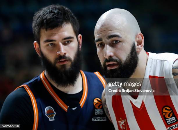 Bojan Dubljevic of Valencia and Pero Antic of Crvena Zvezda look on during the 2017/2018 Turkish Airlines EuroLeague Regular Season game between...