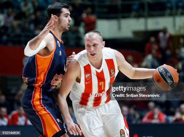 Dejan Davidovac of Crvena Zvezda in action against Alberto Abalde of Valencia during the 2017/2018 Turkish Airlines EuroLeague Regular Season game...