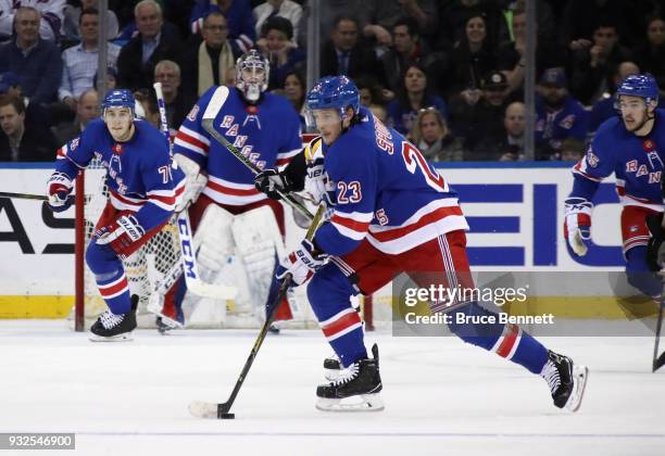 Ryan Spooner of the New York Rangers skates against the Pittsburgh Penguins at Madison Square Garden on March 14, 2018 in New York City.