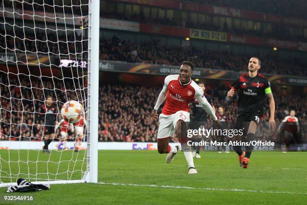 Danny Welbeck of Arsenal looks on as a shot from Granit Xhaka find the back of the net for their 2nd goal during the UEFA Europa League Round of 16...