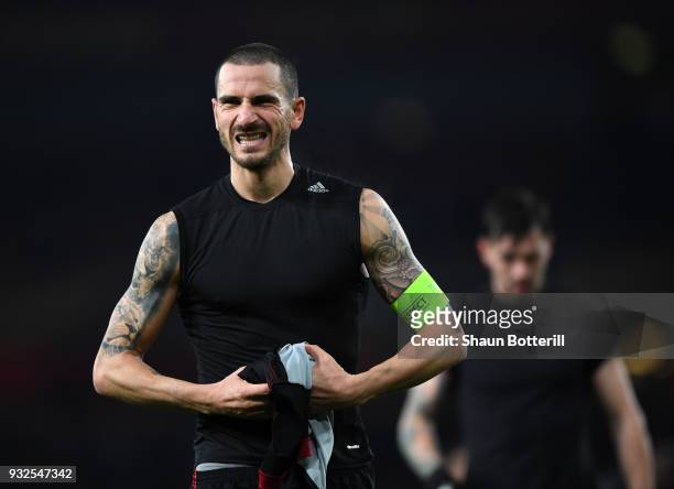 Leonardo Bonucci of AC Milan shows his frustrations after defeat in the UEFA Europa League Round of 16 Second Leg match between Arsenal and AC Milan...