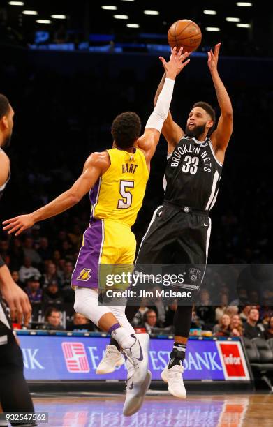 Allen Crabbe of the Brooklyn Nets in action against Josh Hart of the Los Angeles Lakers at Barclays Center on February 2, 2018 in the Brooklyn...