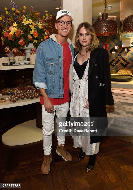 Oliver Proudlock and Rosie Fortescue attend the opening party for Knightbridge's newest dining offering, OSH Restaurant on March 15, 2018 in London,...