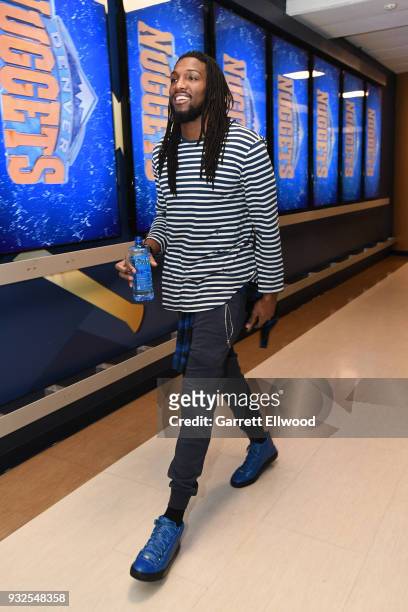 Kenneth Faried of the Denver Nuggets arrives before the game against the Sacramento Kings on March 11, 2018 at the Pepsi Center in Denver, Colorado....