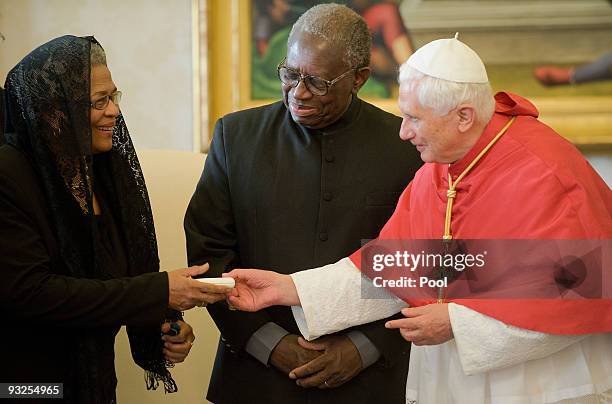 Pope Benedict XVI meets with the President of Suriname Ronald Venetiaan and his wife Liesbeth Venetiaan at his private library on November 20, 2009...